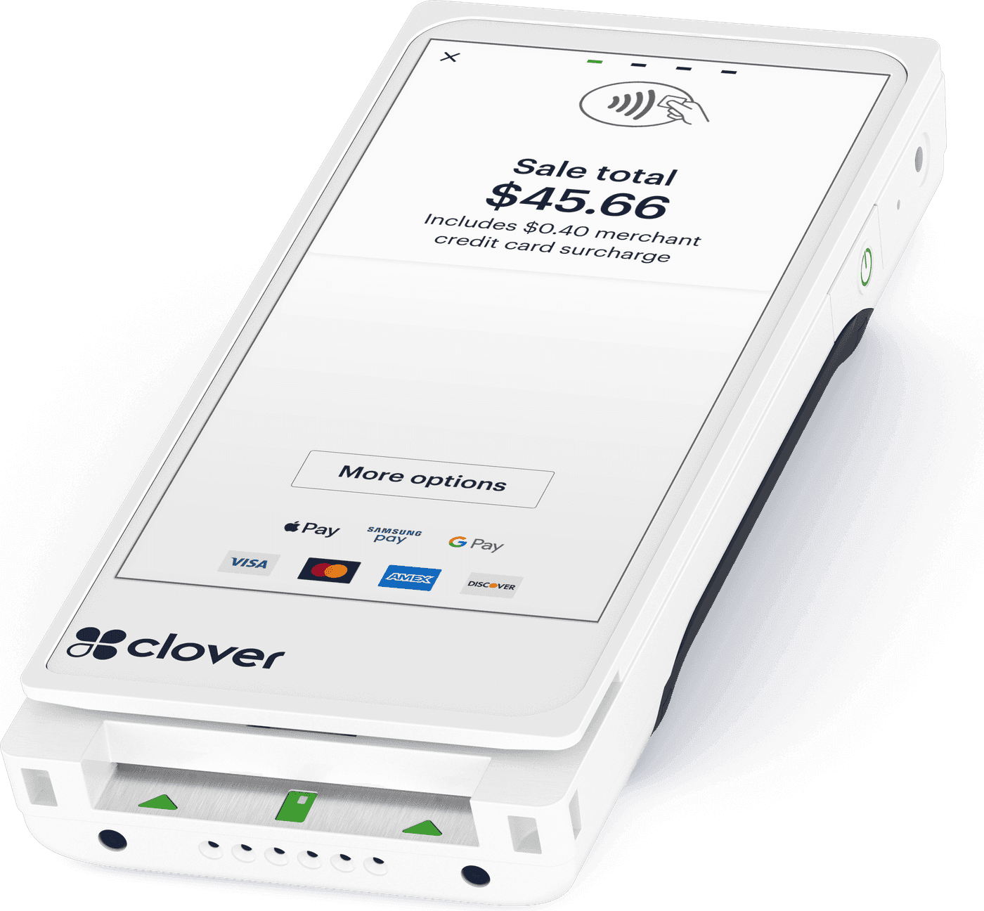 Clover Flex Pocket handheld reader showing a demo sale screen